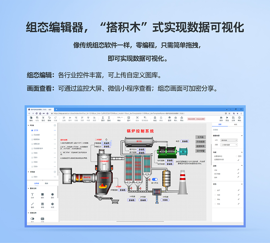 低成本PLC云網(wǎng)關(guān)：組態(tài)編輯器，“搭積木”式實(shí)現(xiàn)數(shù)據(jù)可視化