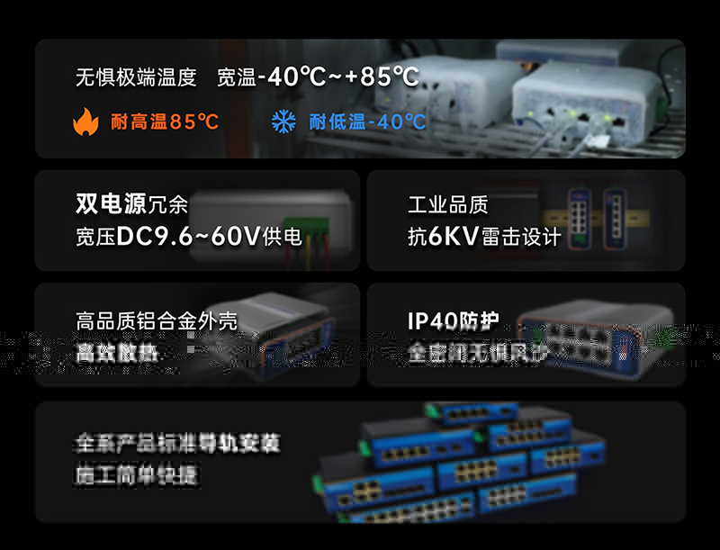 工業(yè)級(jí)交換機(jī)的硬件保護(hù)，可以耐嚴(yán)寒酷暑等惡劣環(huán)境下正常工作